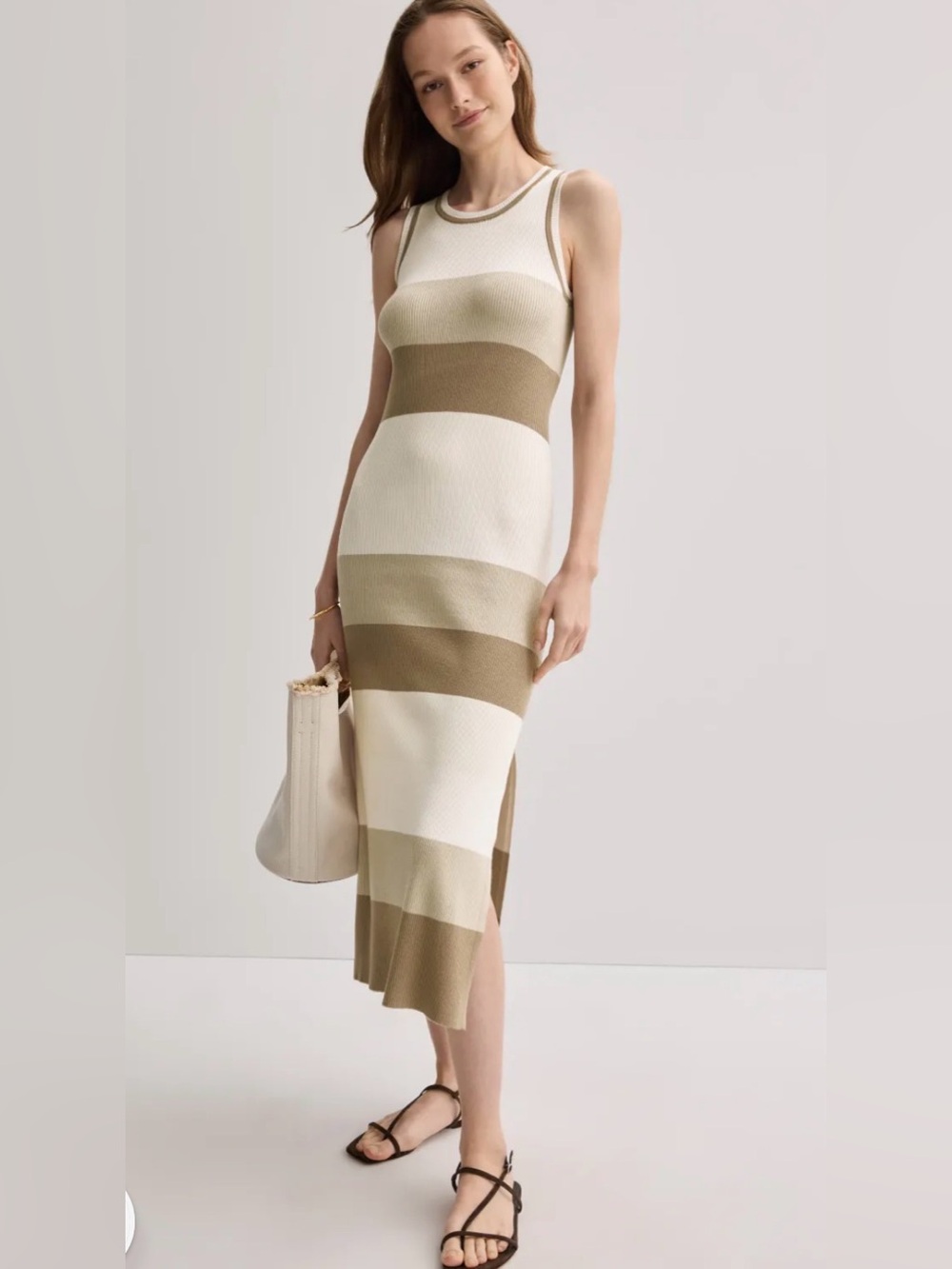 Splendid Katya Ribbed Knit Cream and Tan Striped Sleeveless Knit Midi Dress K